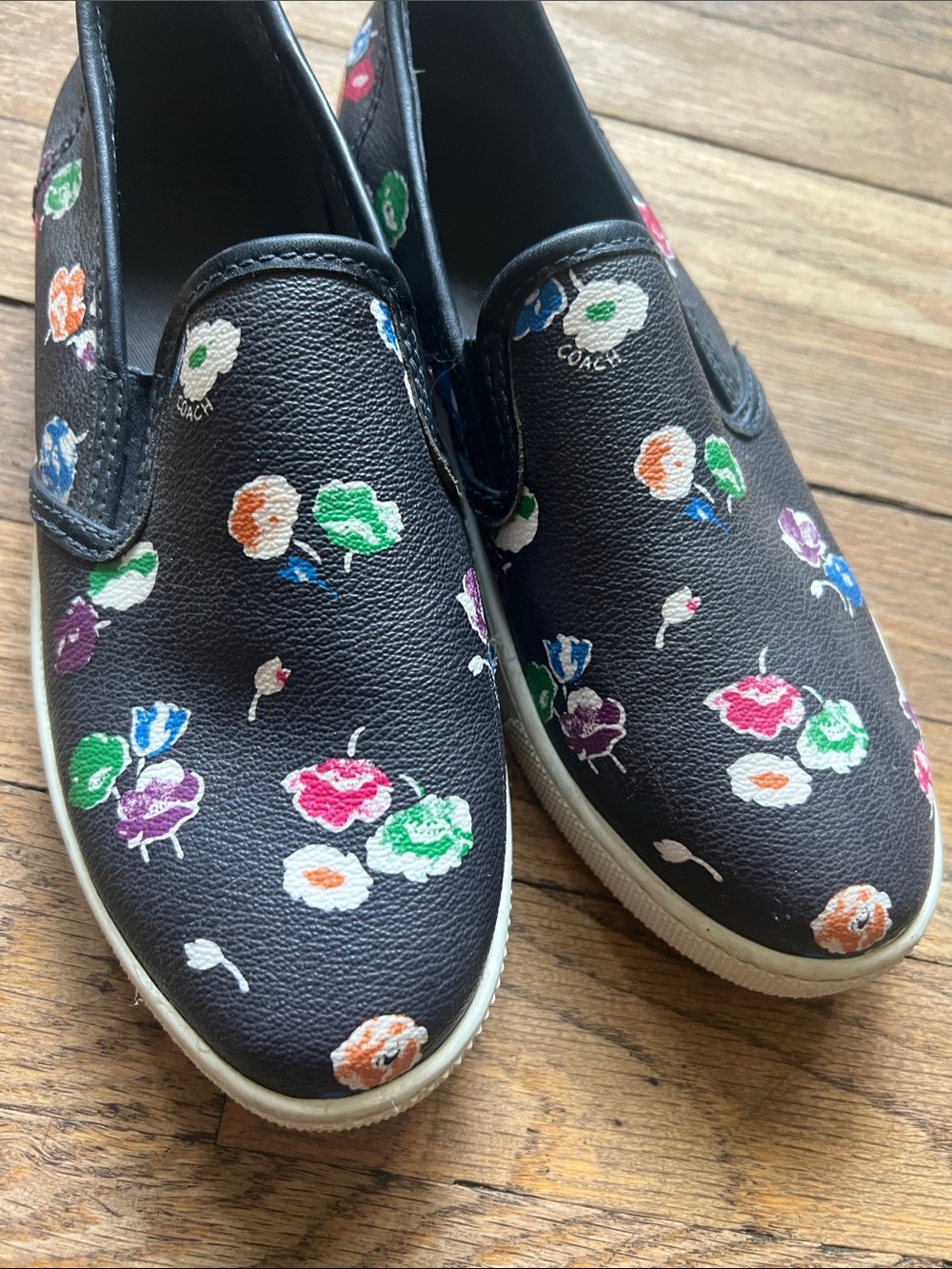 Coach Kids Black Slip-On Sneakers with Multicolor Floral Print